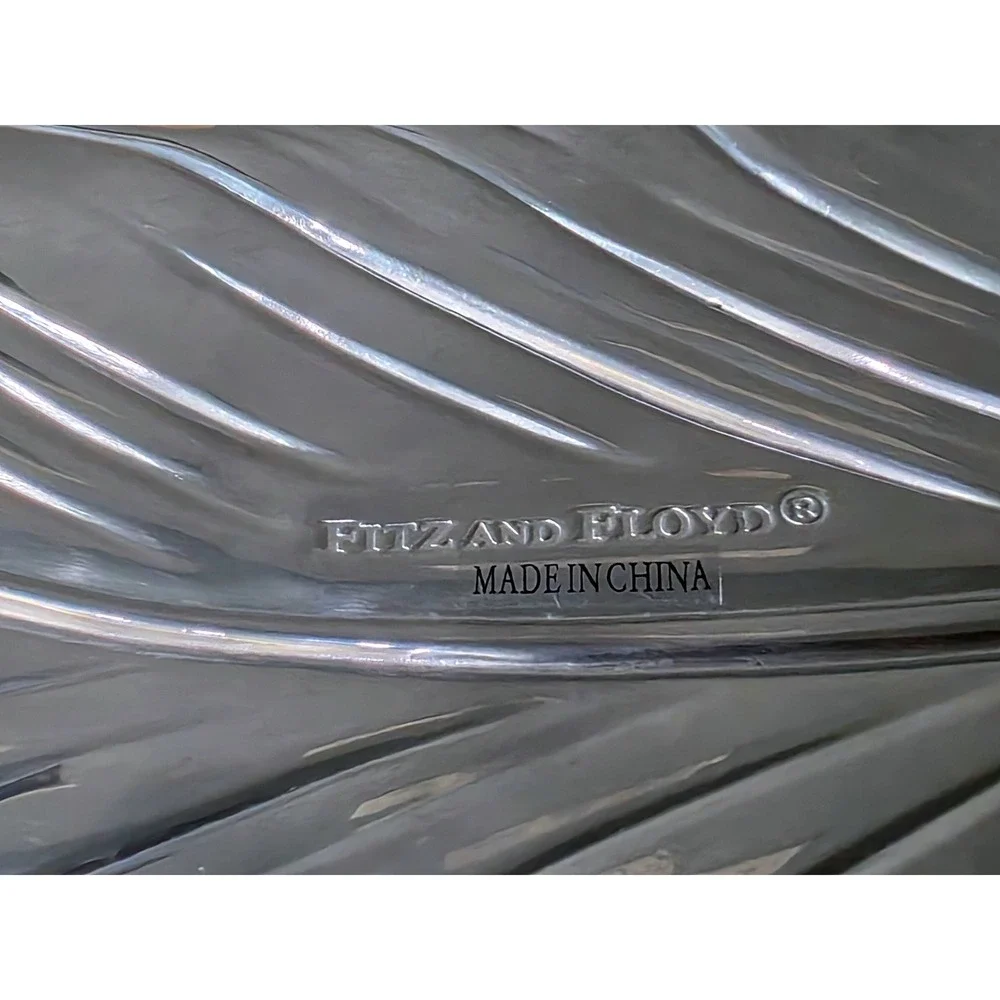 Fitz and Floyd Silver Metal Leaf Platter Decorative Tray with Flower Accent 12in